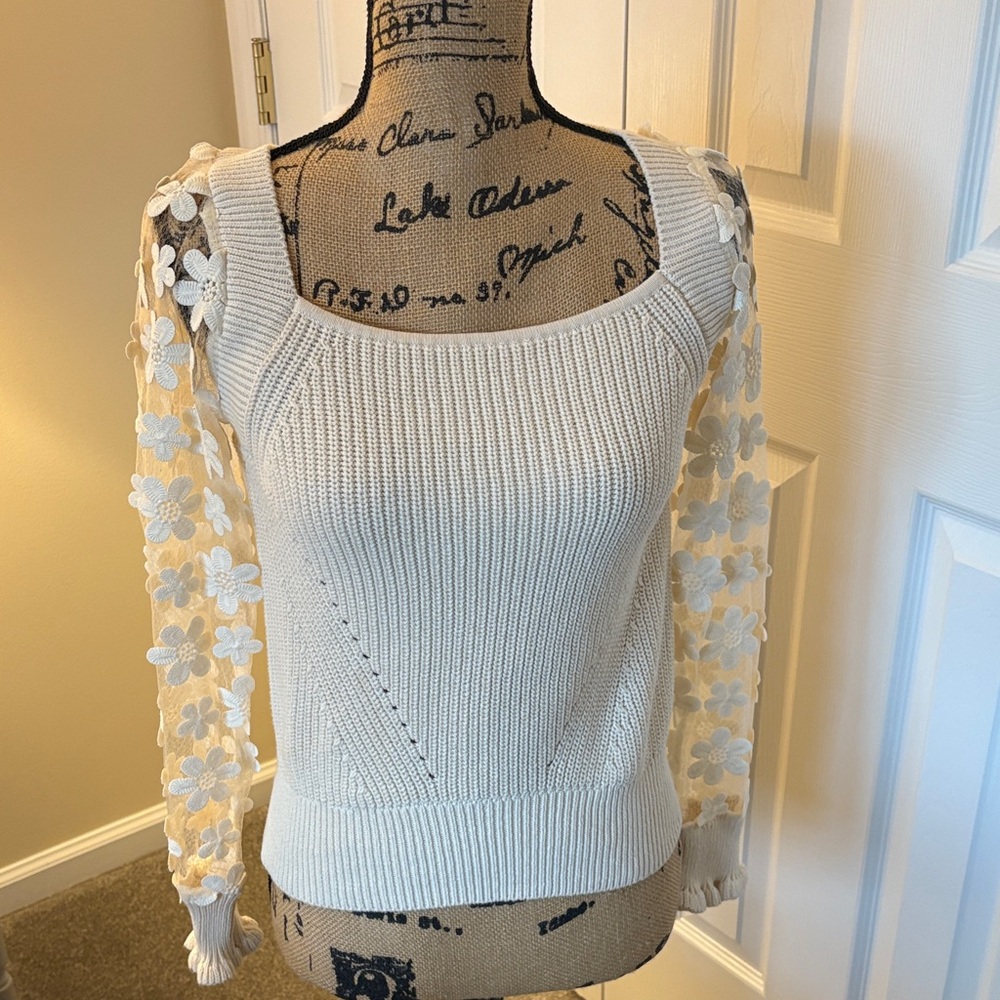 Cream Sweater with Floral Lace Accents